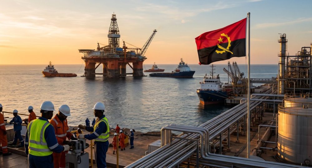 Plataforma petrolífera e bandeira de Angola