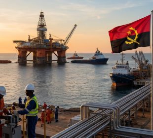Plataforma petrolífera e bandeira de Angola