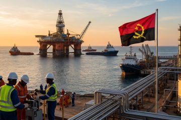 Plataforma petrolífera e bandeira de Angola