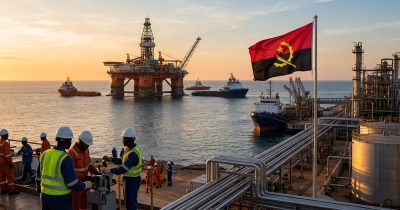 Plataforma petrolífera e bandeira de Angola