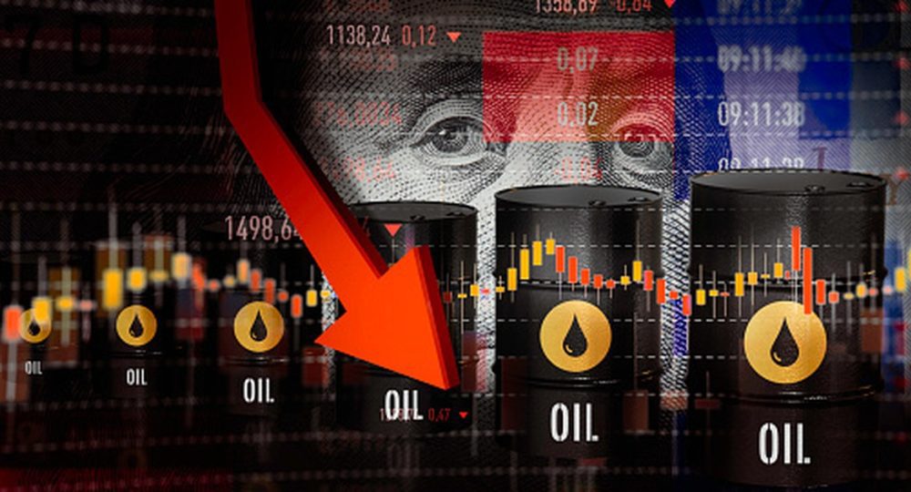 Barris de petróleo e gráfico em queda