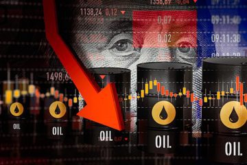 Barris de petróleo e gráfico em queda