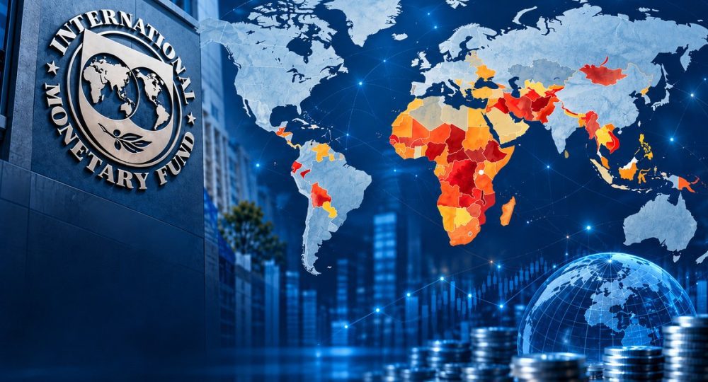 Sede do FMI e mapa mundial com os países mais vulneráveis assinalados