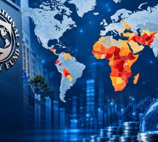 Sede do FMI e mapa mundial com os países mais vulneráveis assinalados