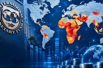 Sede do FMI e mapa mundial com os países mais vulneráveis assinalados