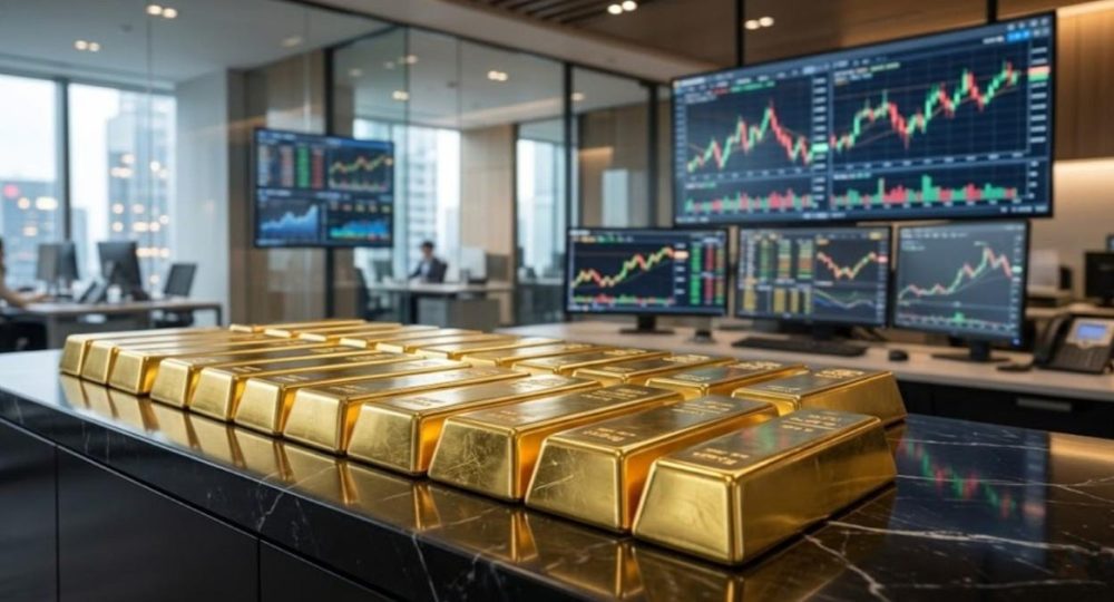 Lingotes de ouro e ecrãs de mercados
