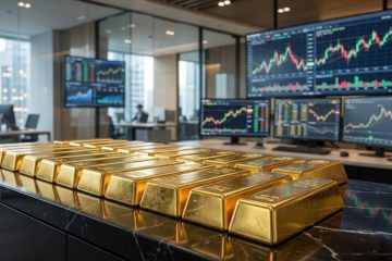 Lingotes de ouro e ecrãs de mercados
