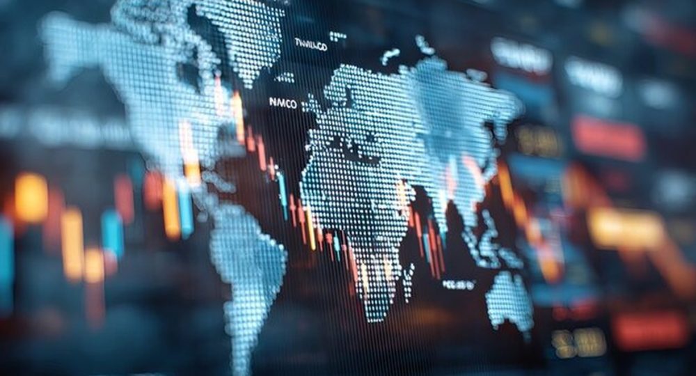Mapa-múndi digital com gráficos de mercados financeiros