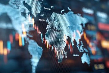 Mapa-múndi digital com gráficos de mercados financeiros