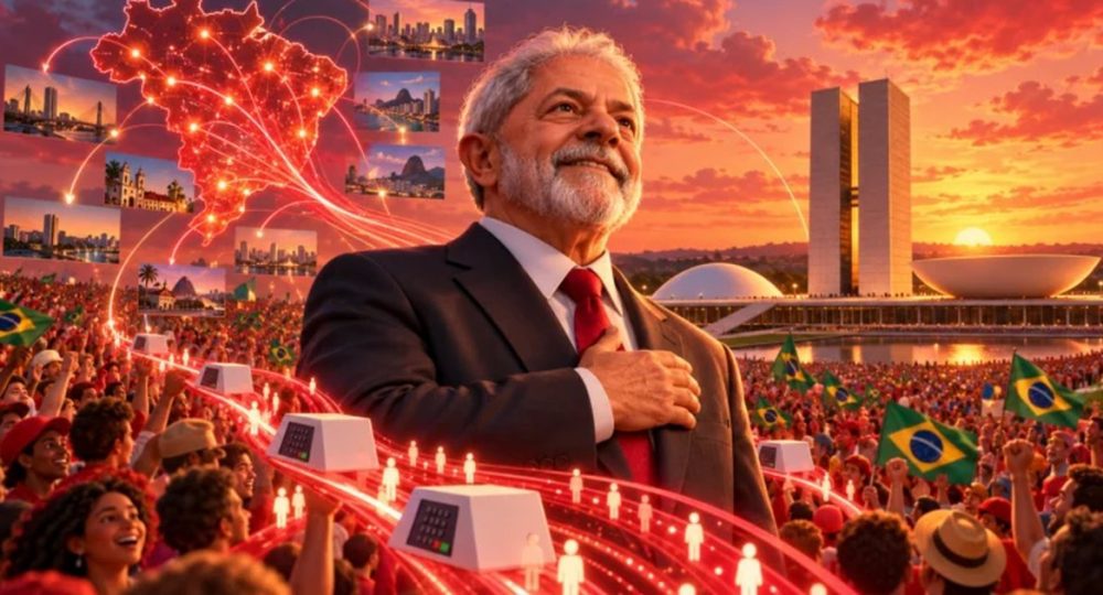 Ilustração de Lula da Silva perante apoiantes em Brasília