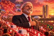 Ilustração de Lula da Silva perante apoiantes em Brasília