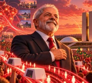 Ilustração de Lula da Silva perante apoiantes em Brasília