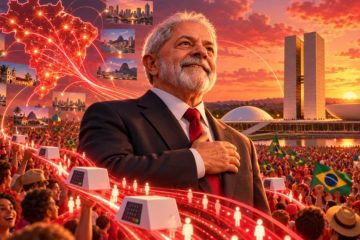 Ilustração de Lula da Silva perante apoiantes em Brasília