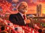 Ilustração de Lula da Silva perante apoiantes em Brasília