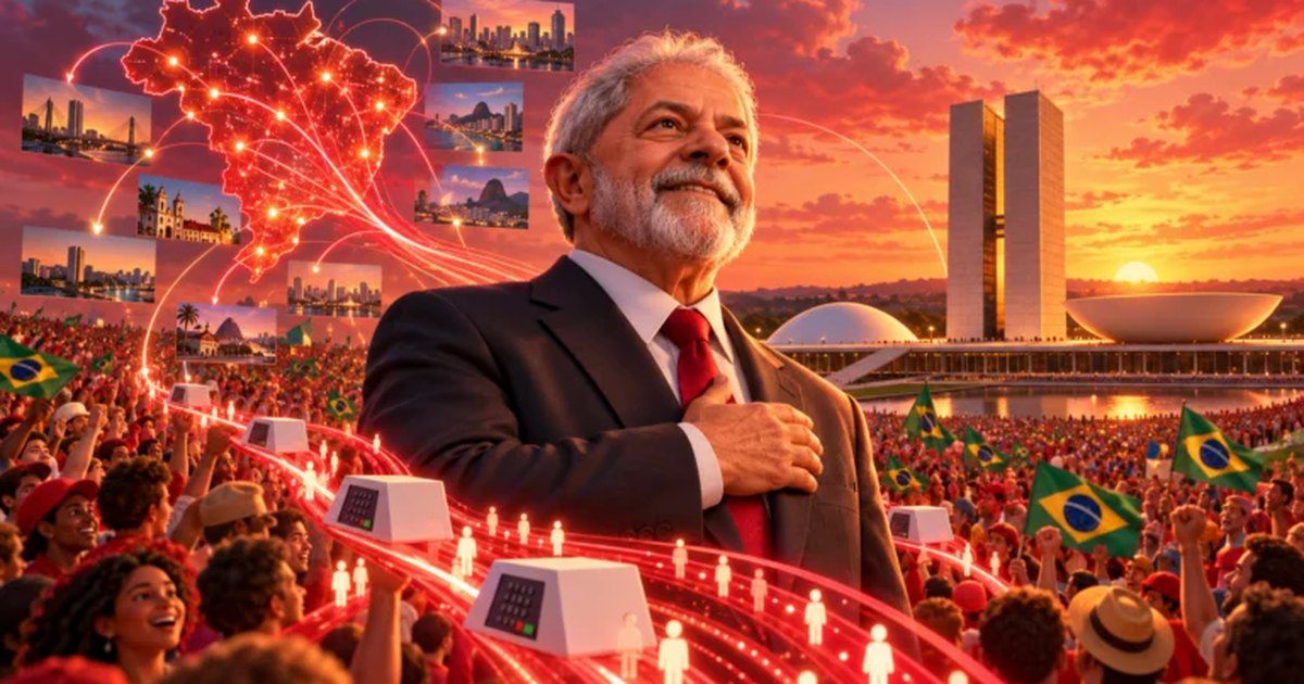 Ilustração de Lula da Silva perante apoiantes em Brasília