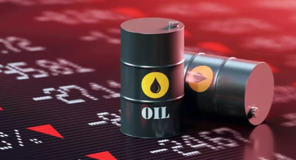Barris de petróleo sobre painel de cotações em queda