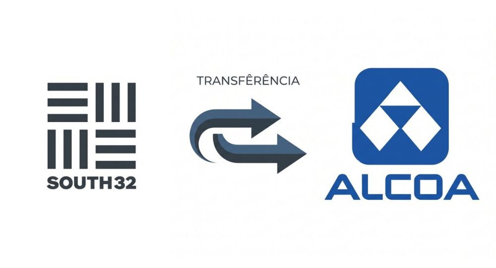 Logótipos da South32 e da Alcoa ligados por setas de transferência