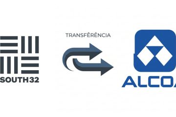 Logótipos da South32 e da Alcoa ligados por setas de transferência