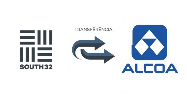 Logótipos da South32 e da Alcoa ligados por setas de transferência
