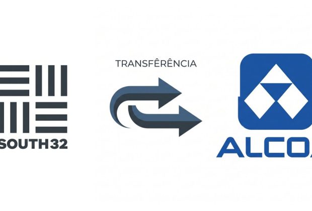 Logótipos da South32 e da Alcoa ligados por setas de transferência